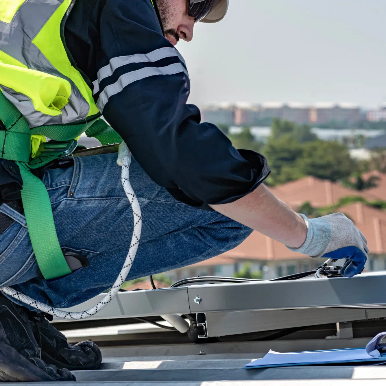 Zonnepanelen monteur op het dak